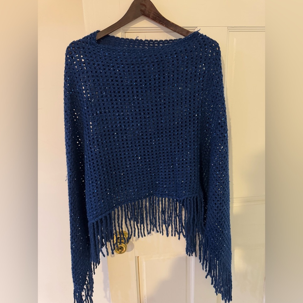 Navy Fringe Knit Poncho